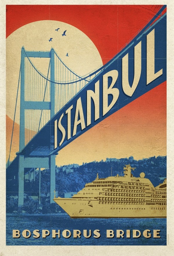 Istanbul Bophorus Bridge Vintage Designed Turkey Poster  Print